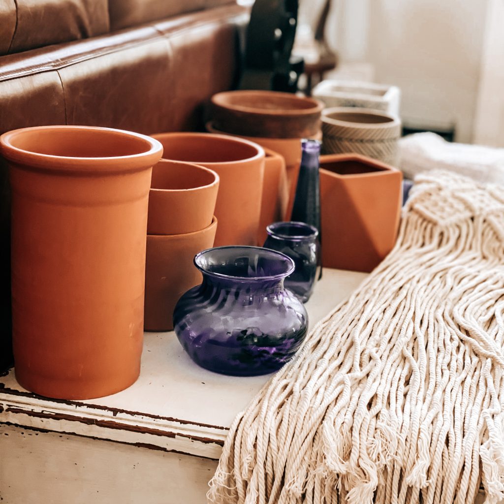 Terracotta pots and blue vases found for the wedding shower | The Yellow Rose Farmhouse | www.theyellowrosefarmhouse.com