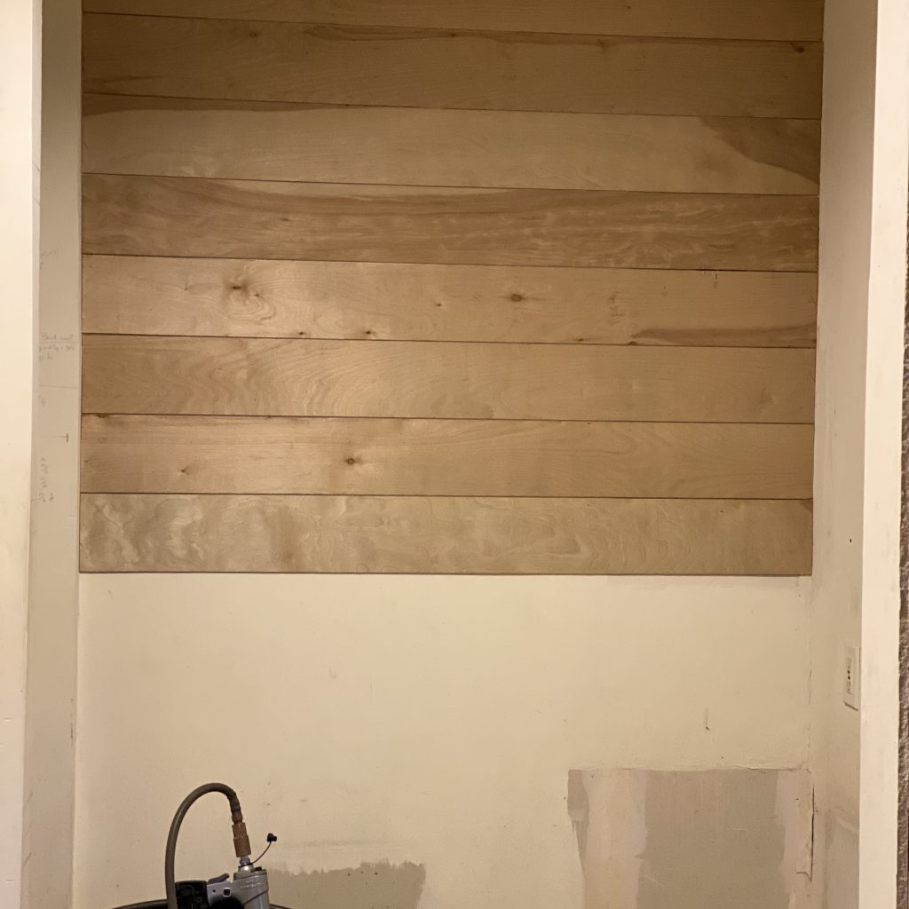 Modern Farmhouse Bathroom Remodel before picture of putting up floor underlayment to look like shiplap | The Yellow Rose Farmhouse | www.theyellowrosefarmhouse.com