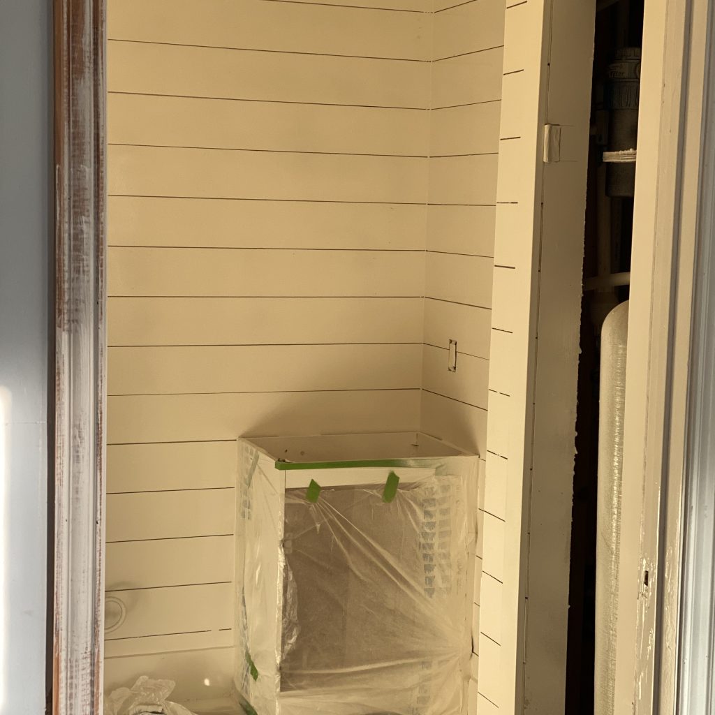 Modern Farmhouse Bathroom Remodel of Painted shiplap walls | The Yellow Rose Farmhouse | www.theyellowrosefarmhouse.com